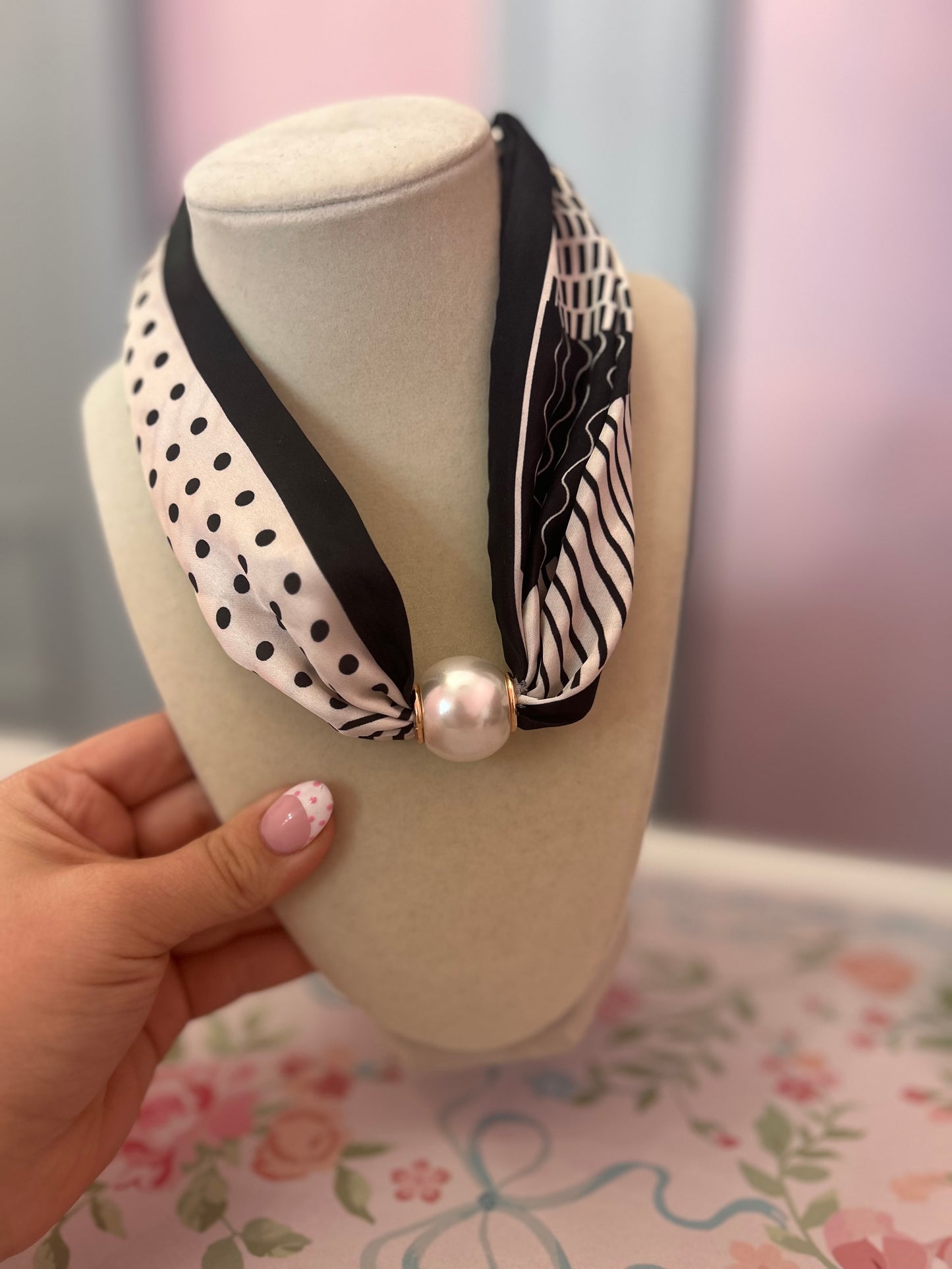 Polka Dot Scarf Pearl Necklace