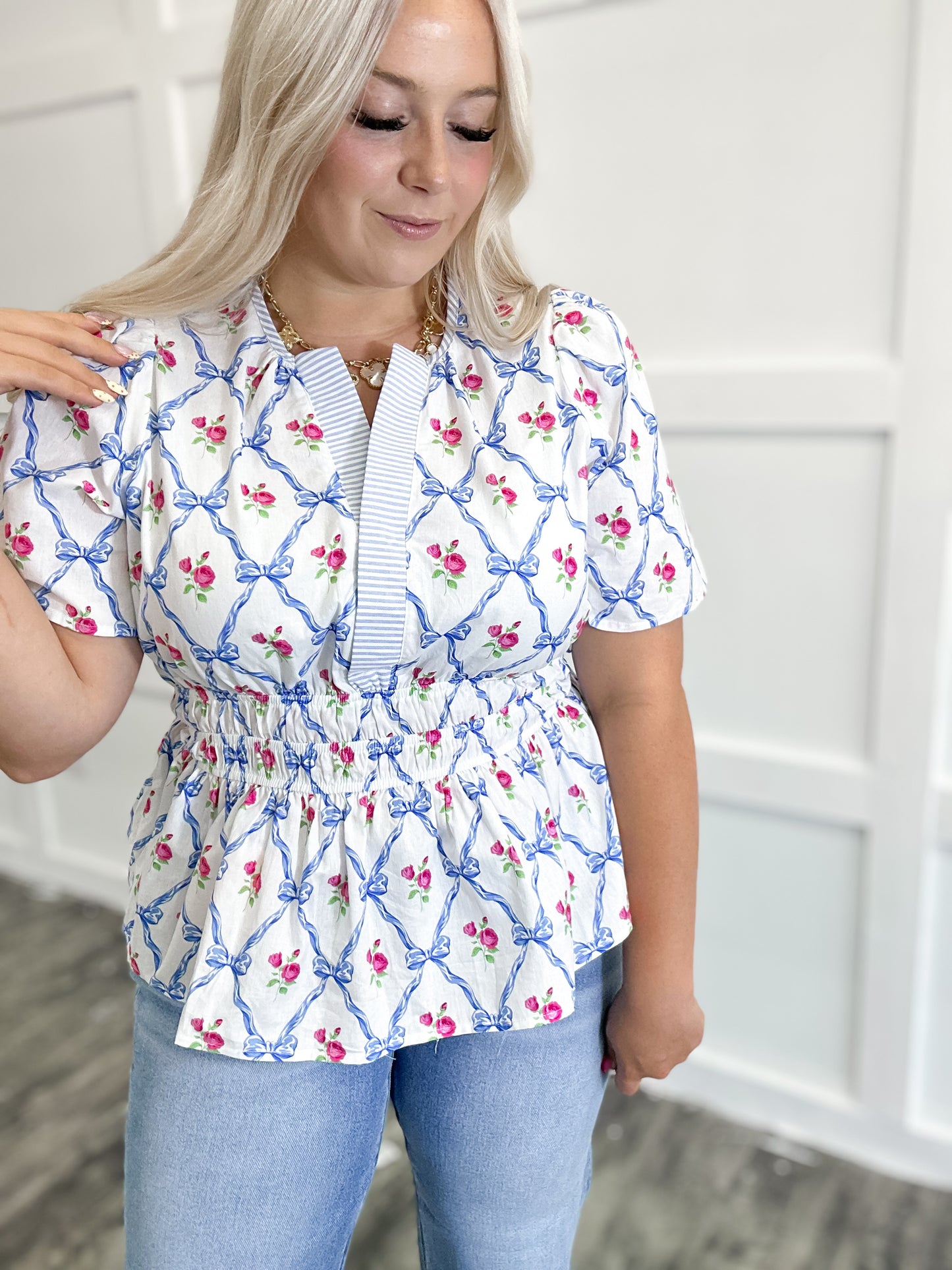 Blue Coquette Bloom Peplum Blouse