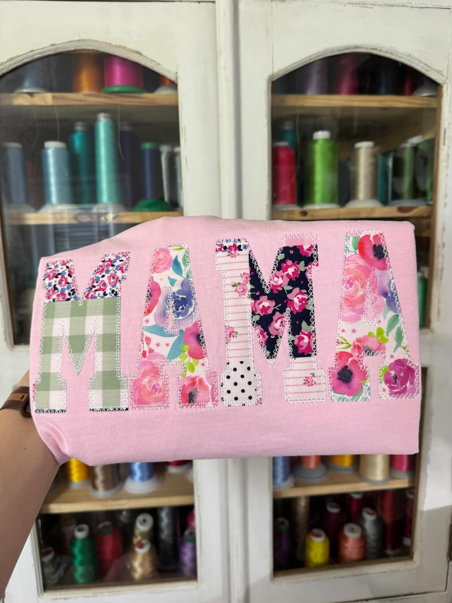 Pink Patchwork MAMA appliqué tee