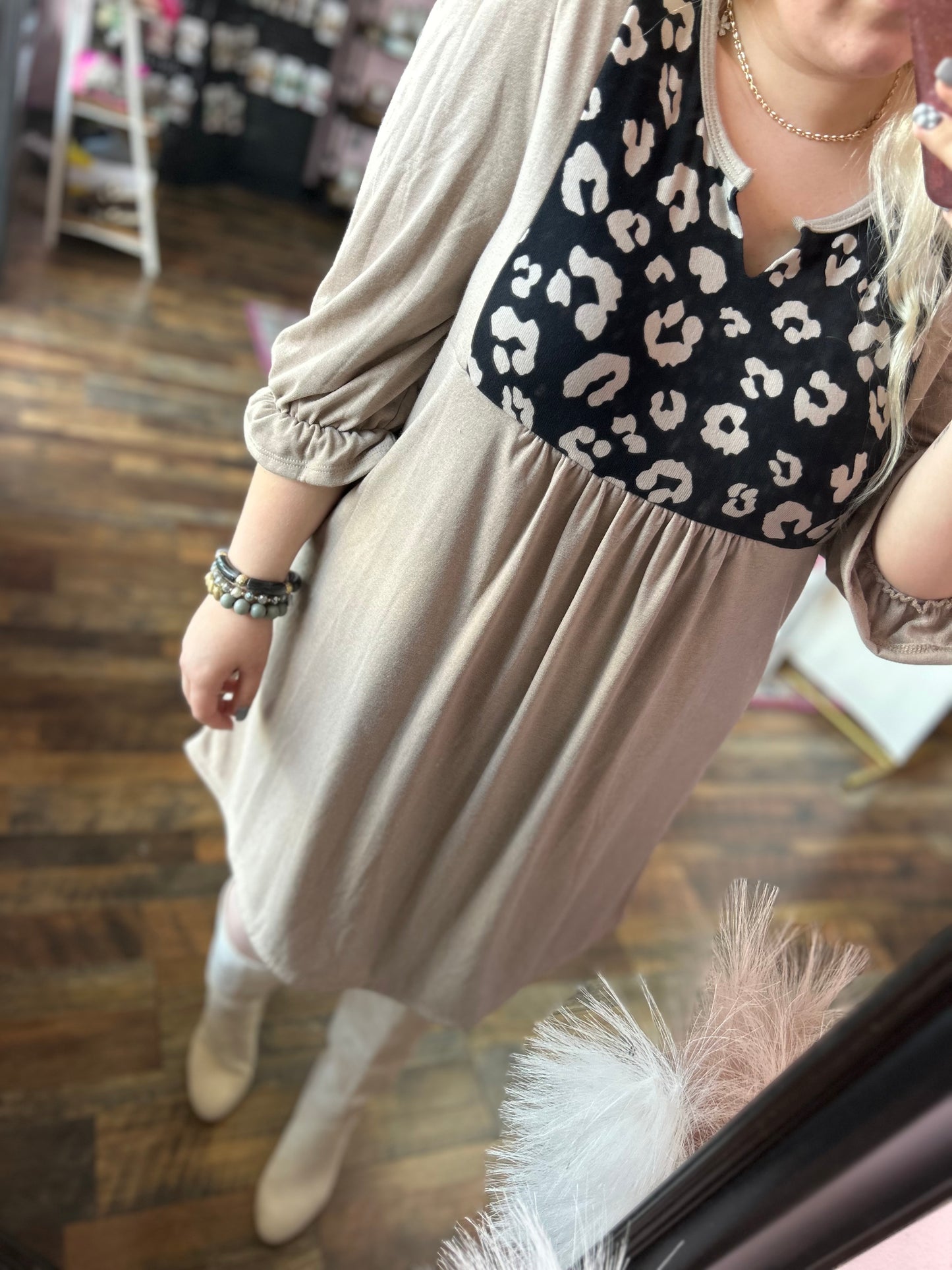 Taupe Cheetah Cuff Sleeve Dress