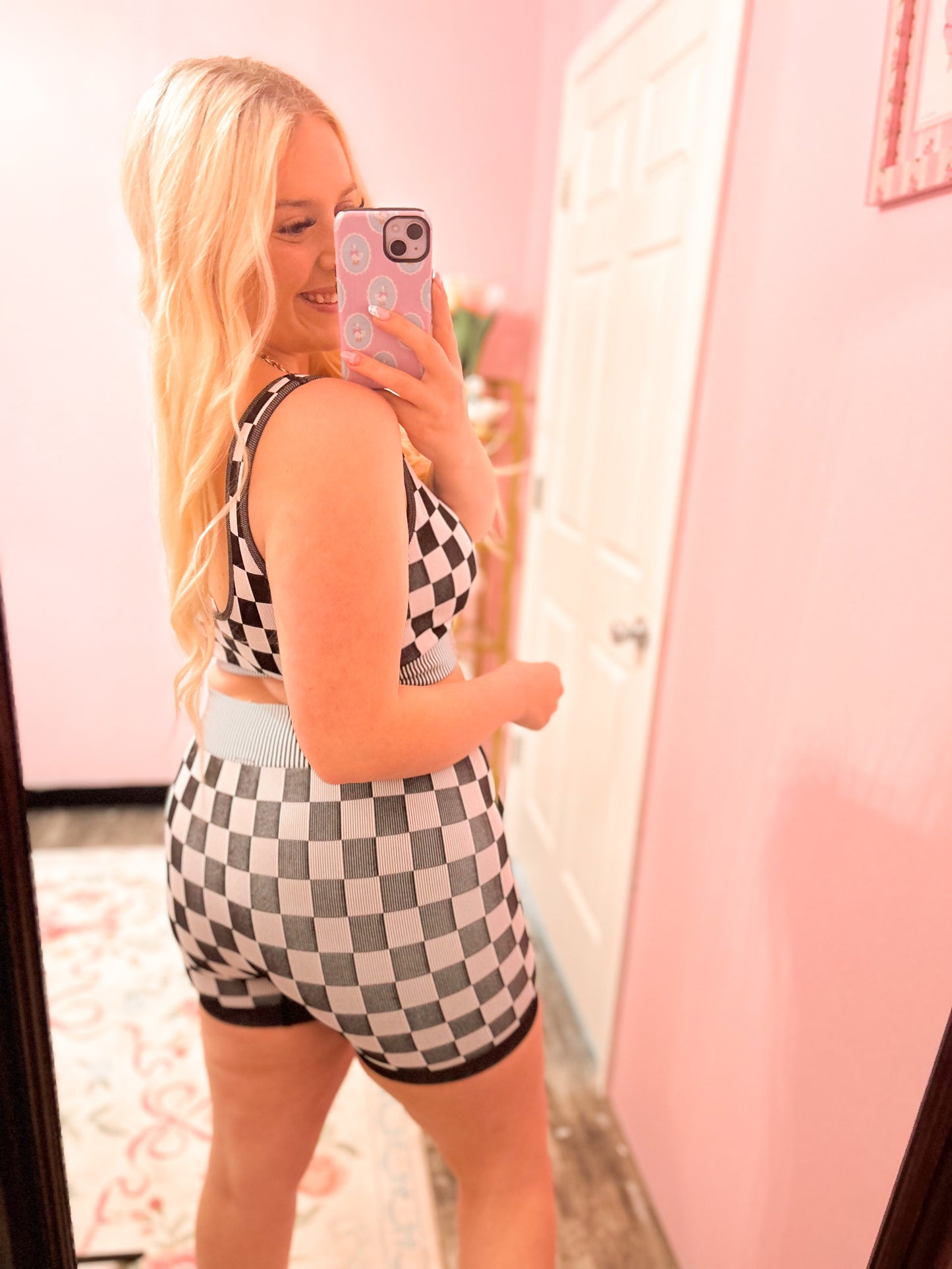 Black Checkered Biker Short Set
