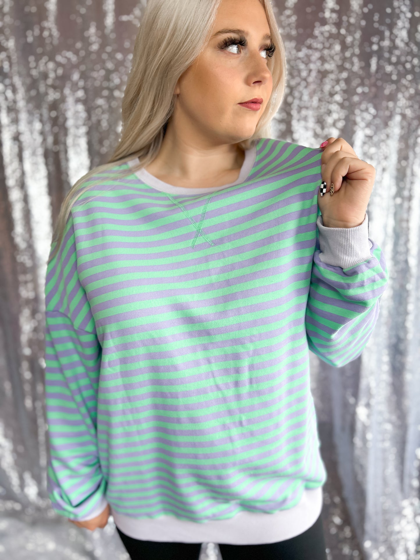Lavender & Lime Striped Oversized Crewneck