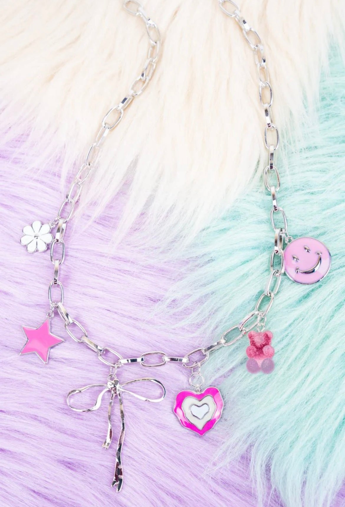 Pink silver bow charm necklace