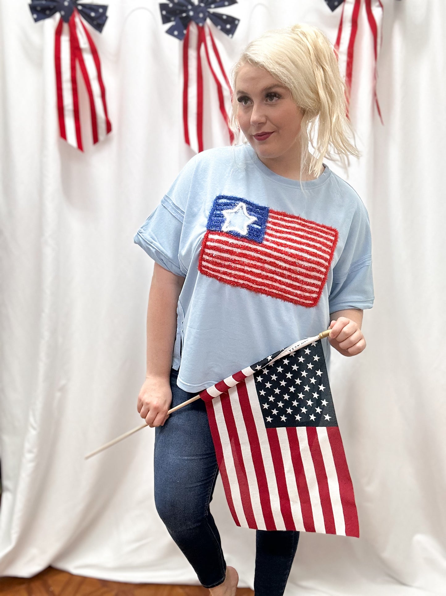 Tinsel Embroidered Flag Oversized Top