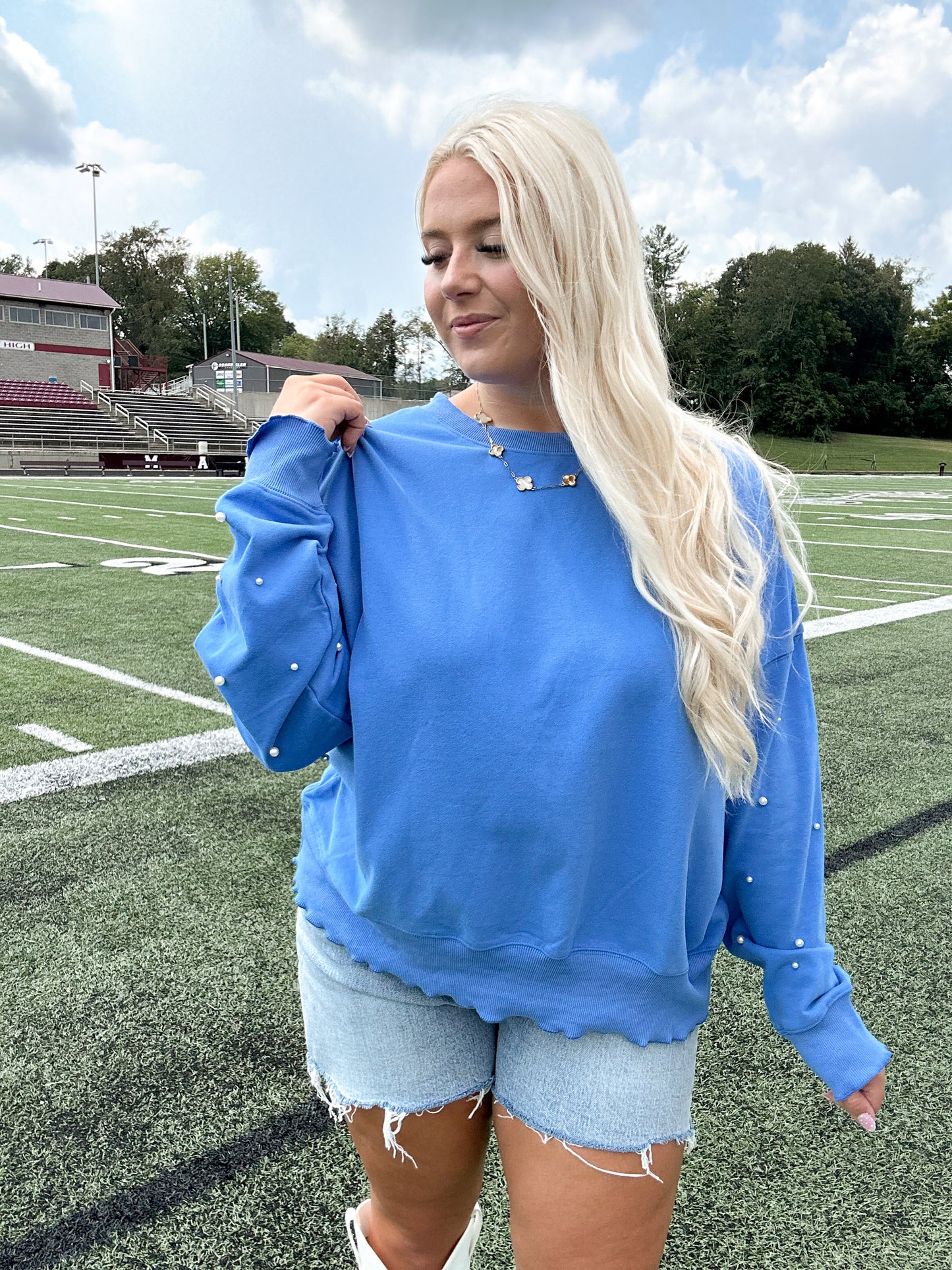 Royal Blue Pearl Ruffle Trim Oversized Sweatshirt