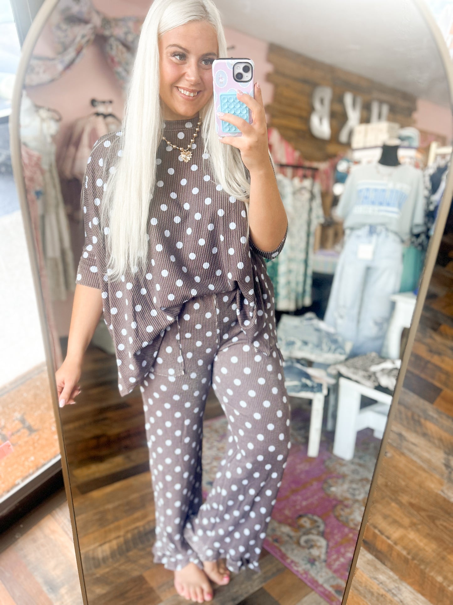 Mocha & Blue Ribbed Polka Dot Ruffle {SET}