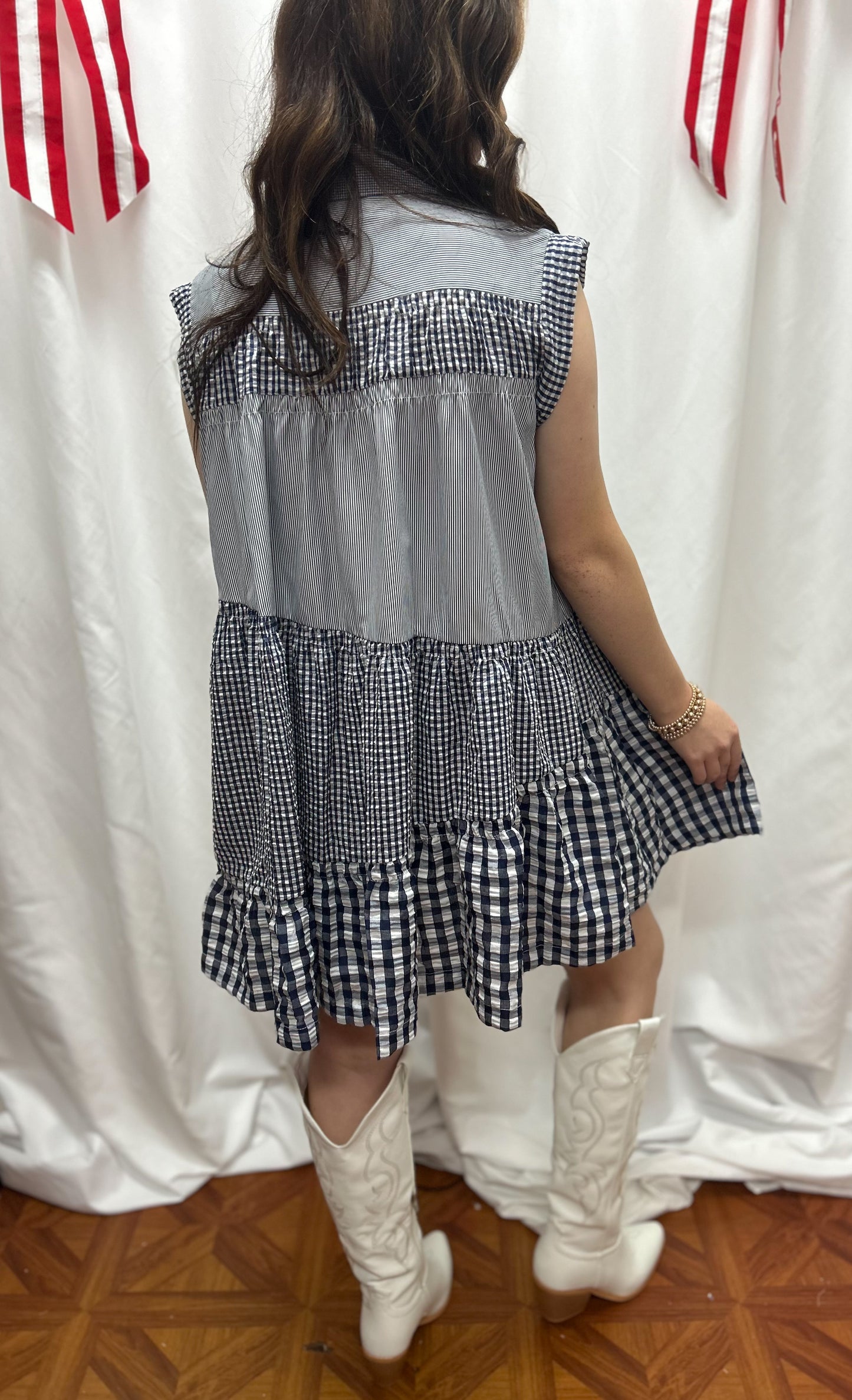 Navy Gingham Colorblock Dress