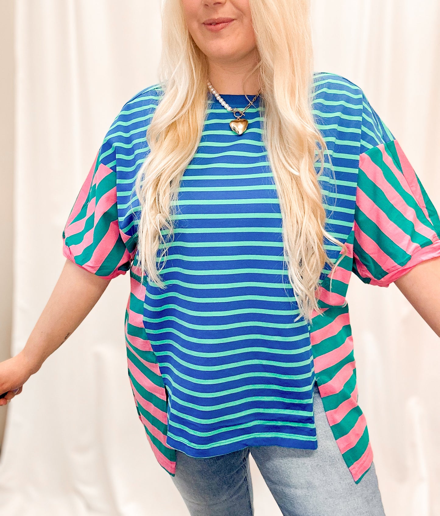 Teal Striped Colorblock Top