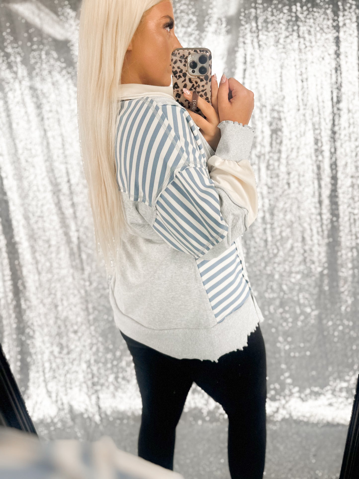 Oversized Heather & Blue Striped Colorblock Top