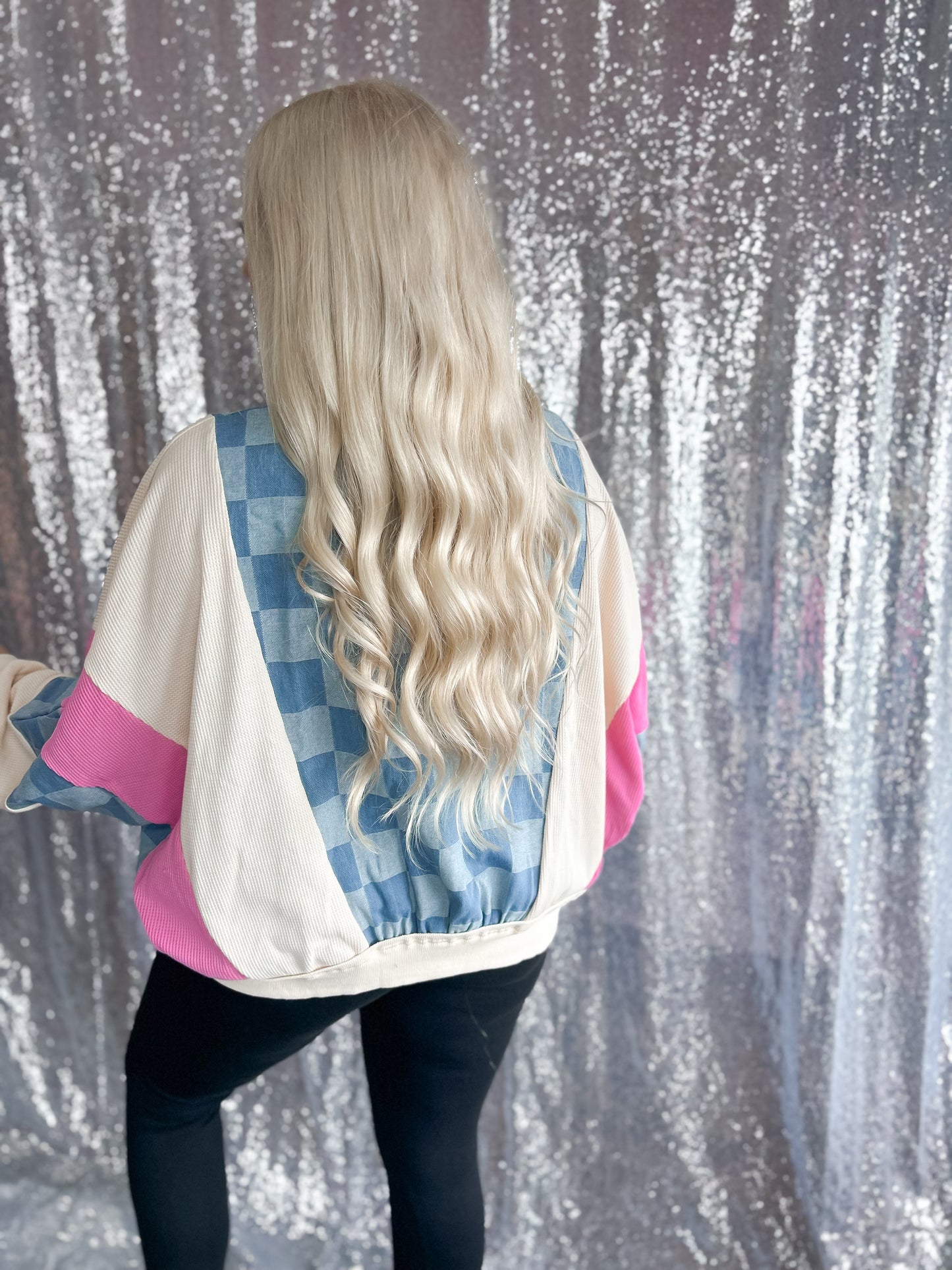 Checker Denim Colorblock Crewneck