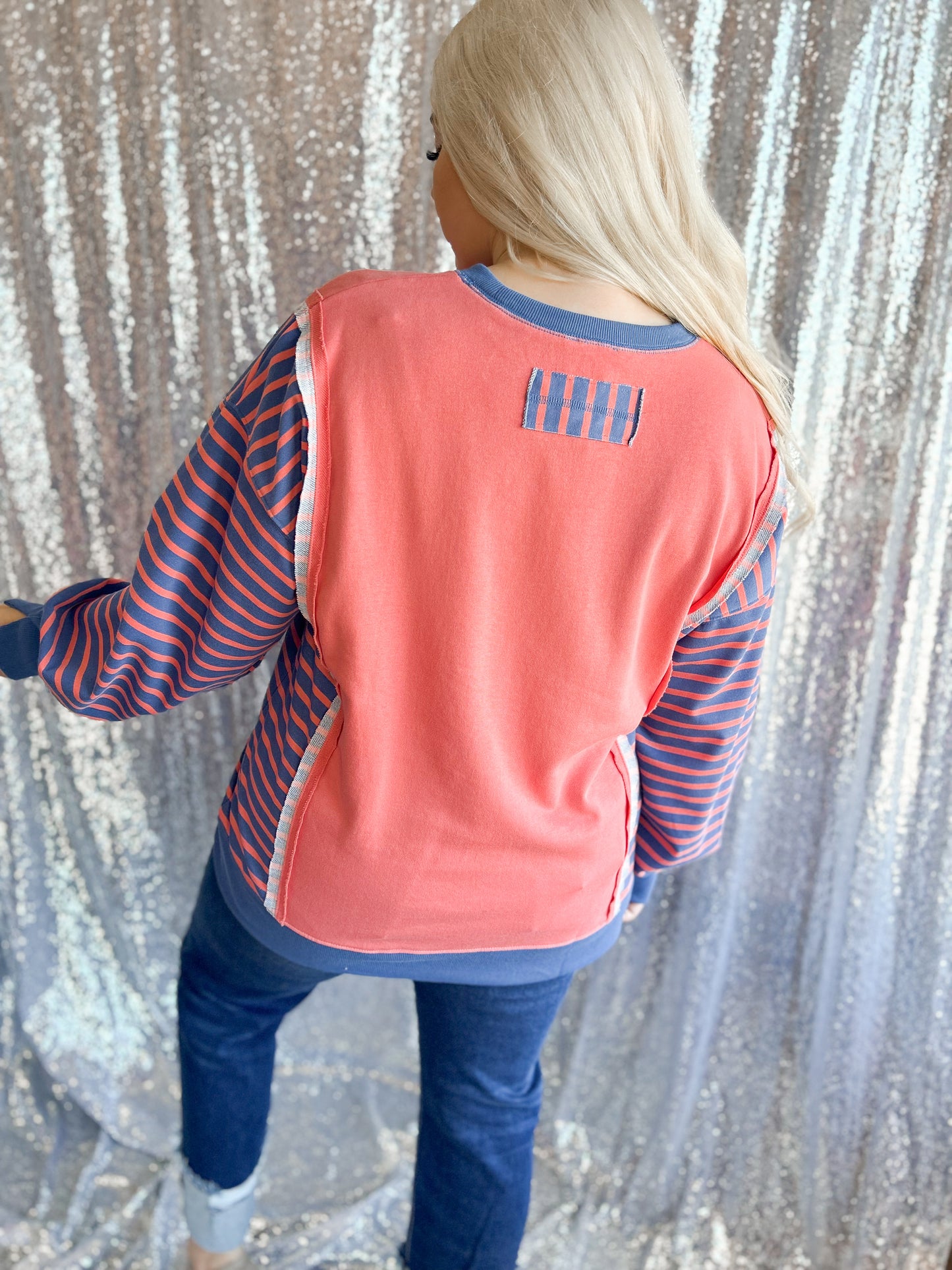 Coral & Navy Striped Colorblock Pullover