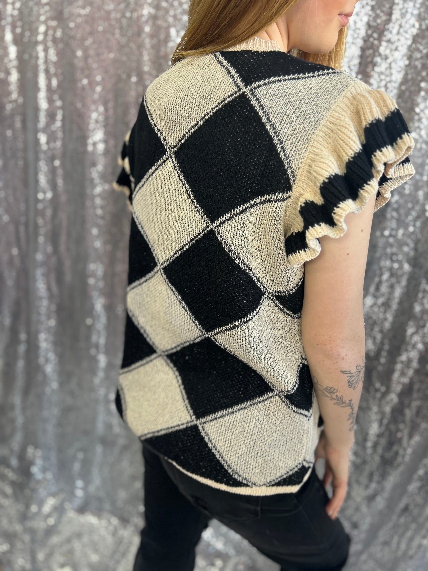 Ivory Check Ruffle Sweater