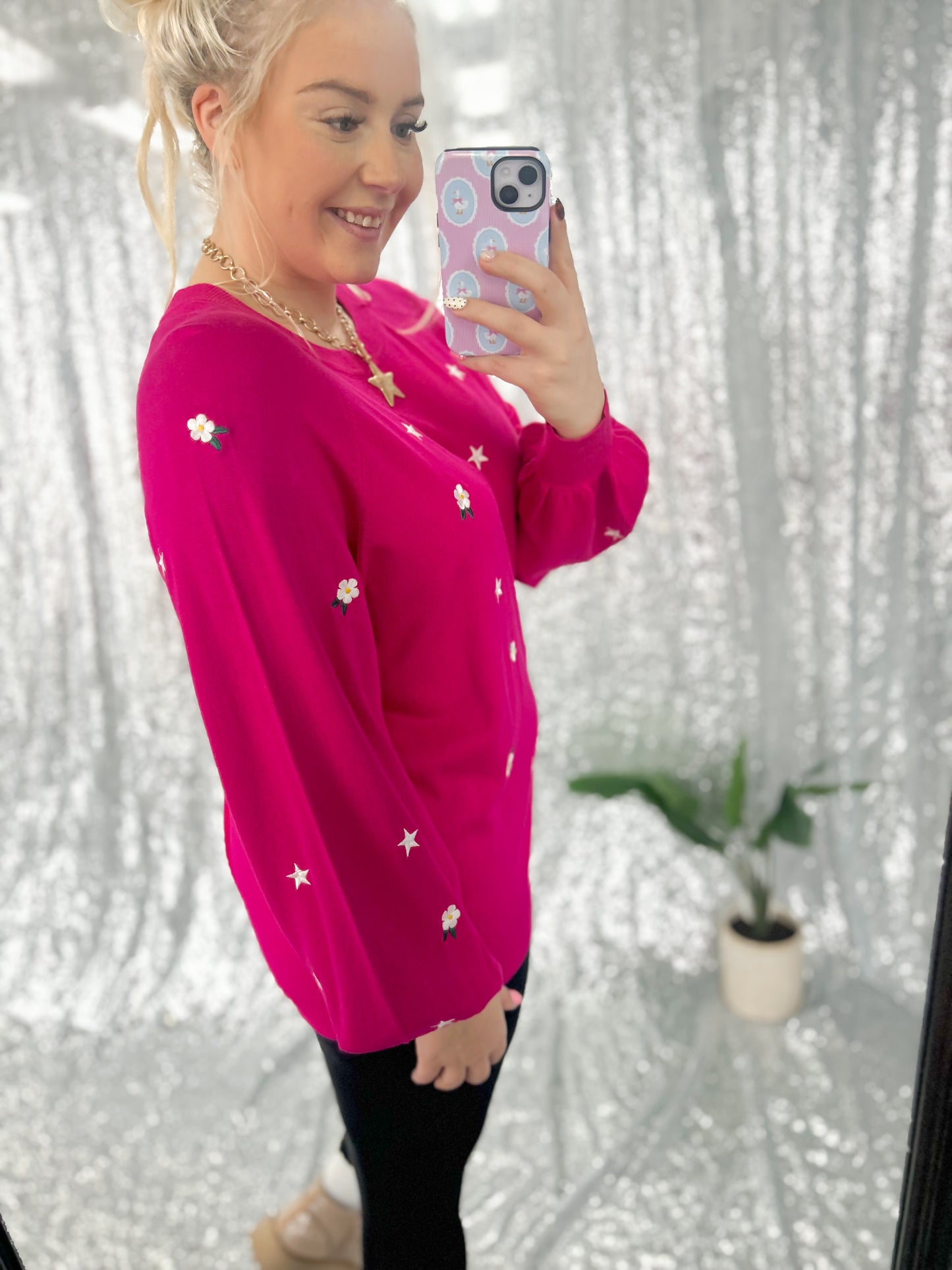 Fuchsia Floral Star Sweater