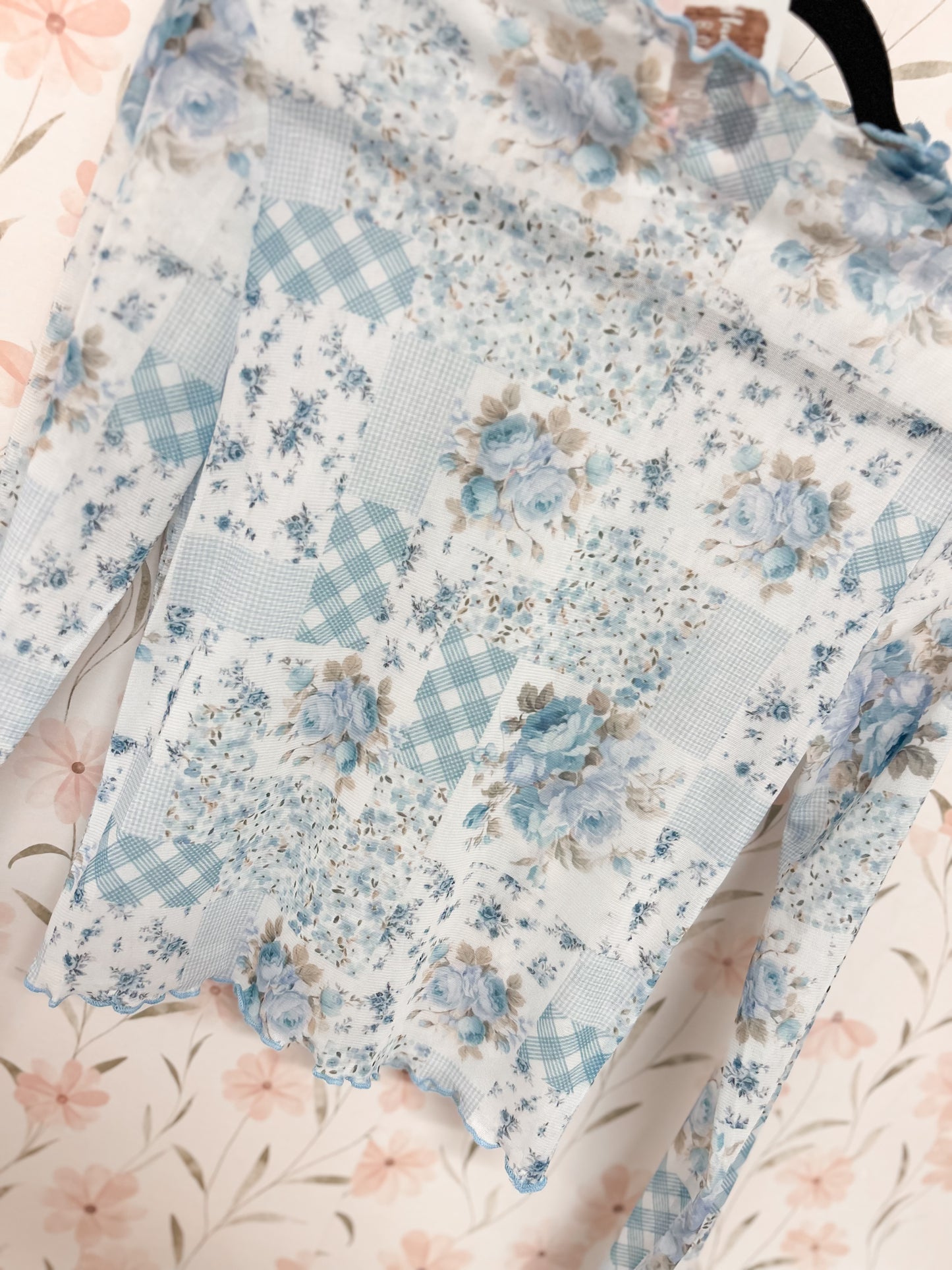 Blue Patchwork Mesh Top