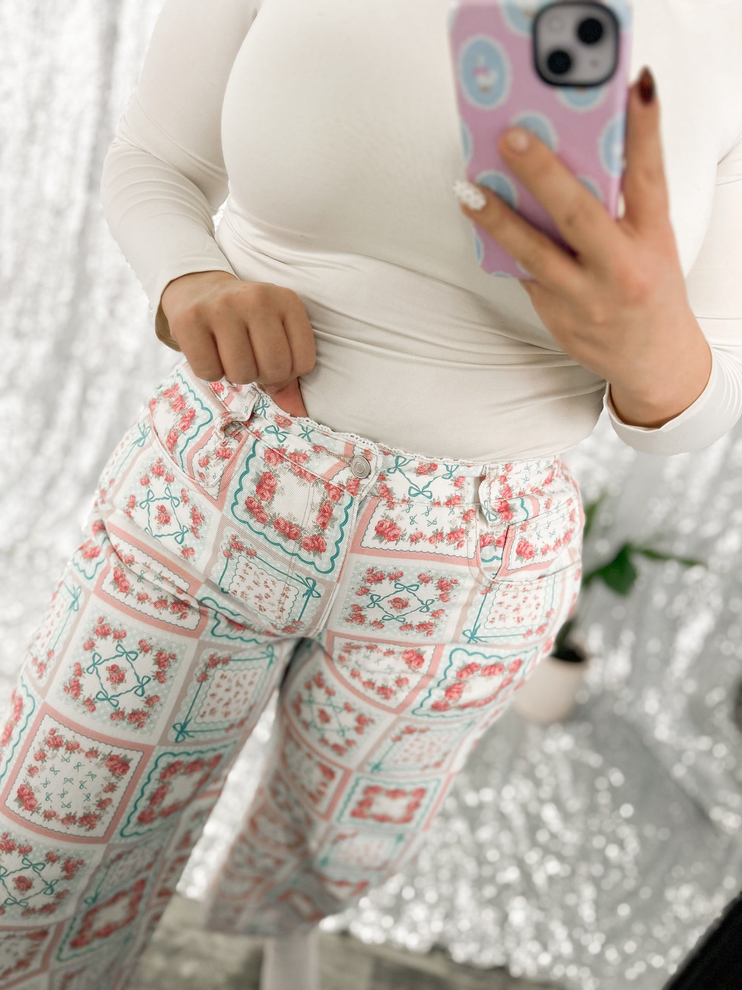 Rose Coquette Patchwork Barrel Jeans