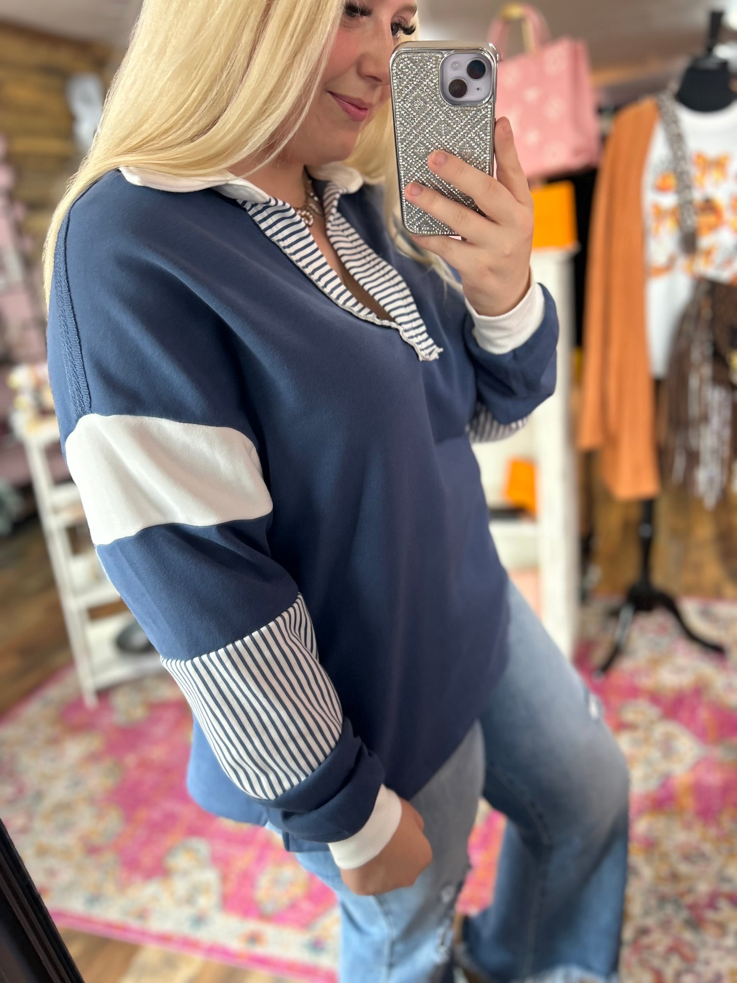 Blue Striped Colorblock Top