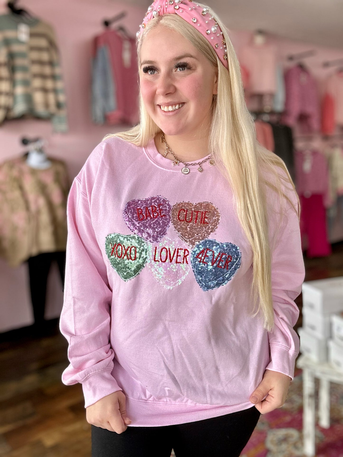 Conversation Hearts Embroidered Crewneck
