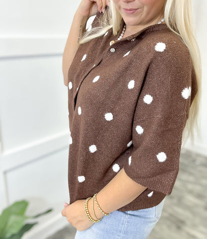 Mocha Polka Dot Knit Button Top