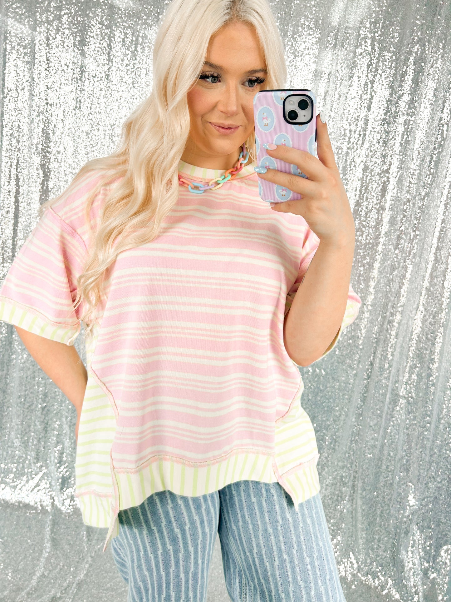Pink & Lime Striped Oversized Top