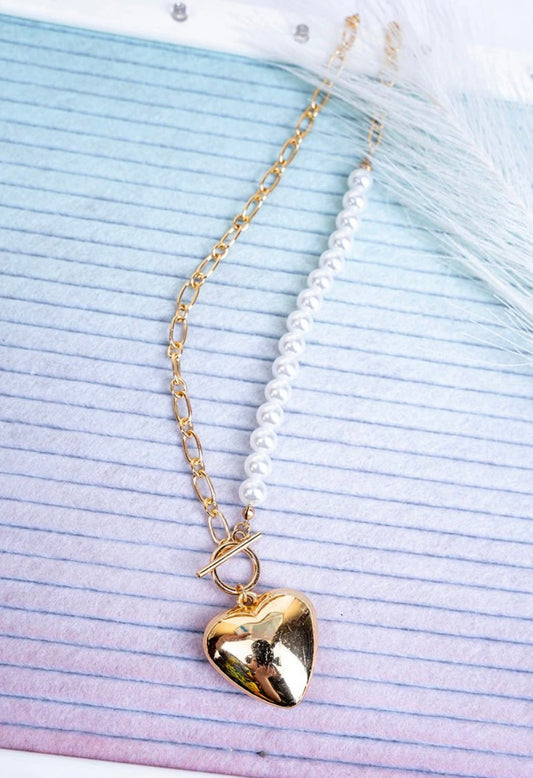 Gold Heart Pearl Toggle Necklace