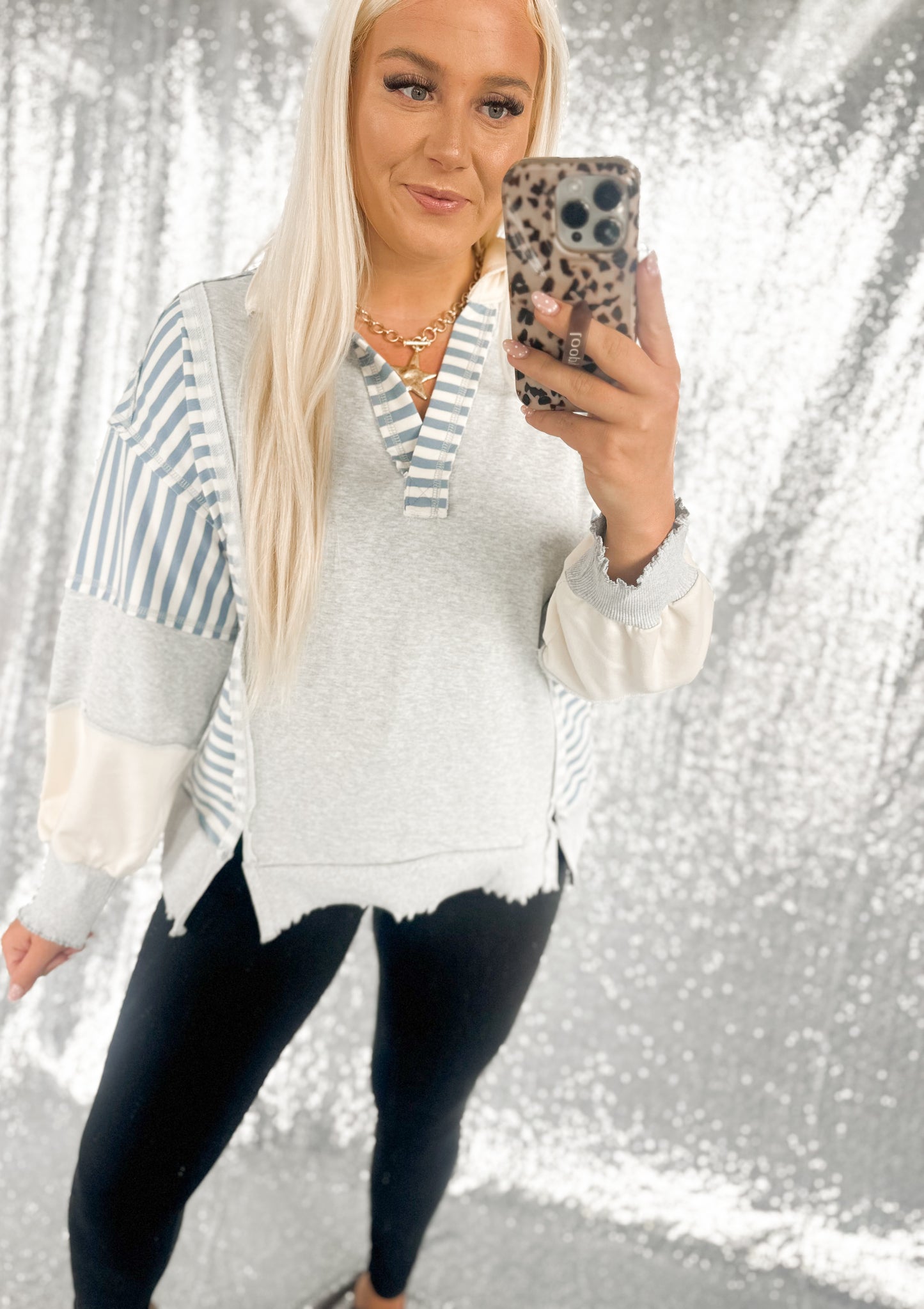 Oversized Heather & Blue Striped Colorblock Top