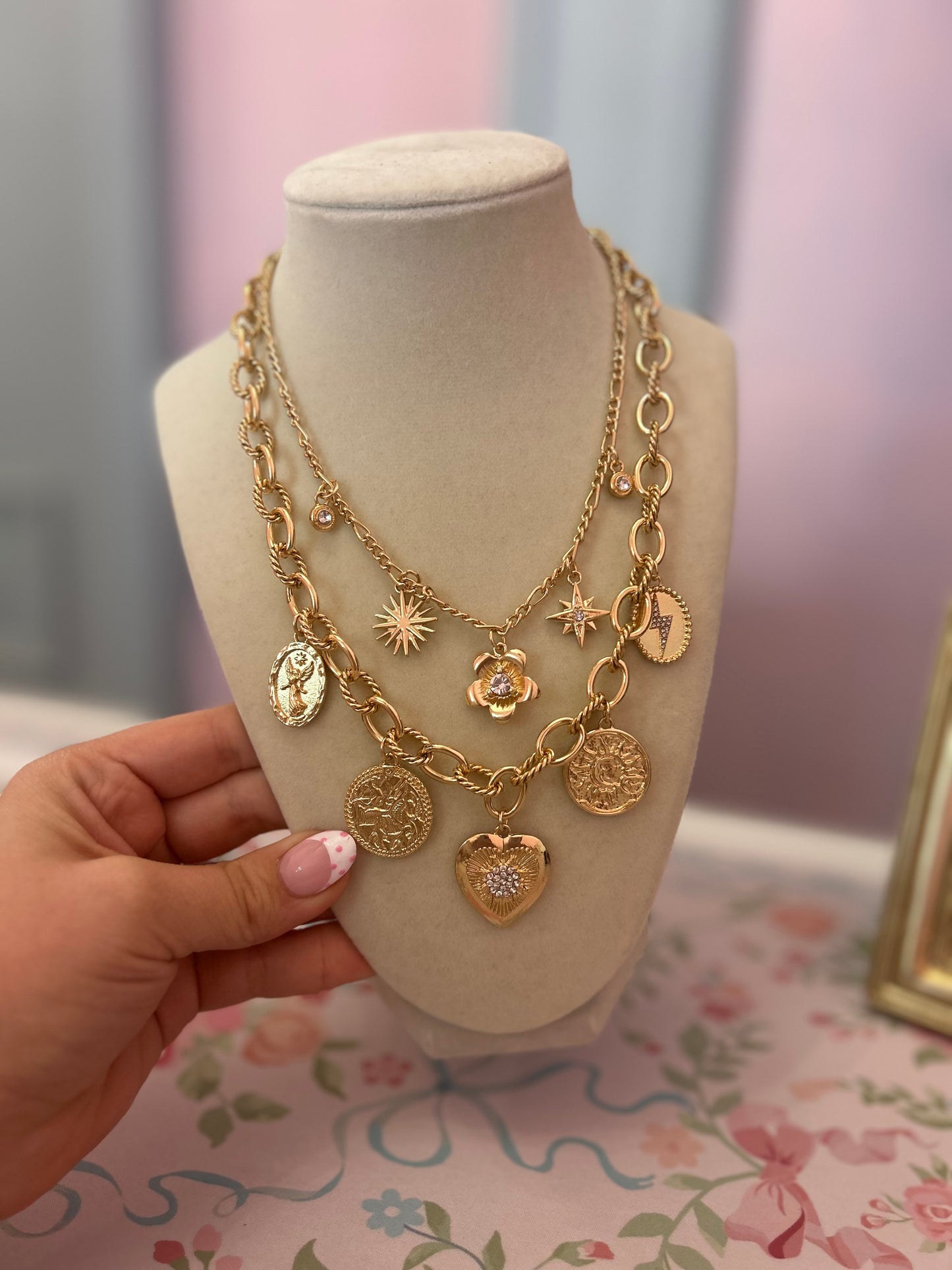 Chunky Double Layered Gold Charm Necklace