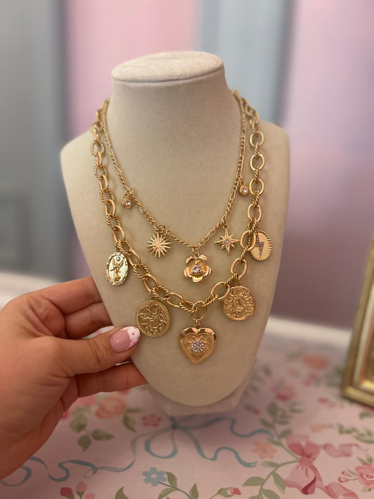 Chunky Double Layered Gold Charm Necklace