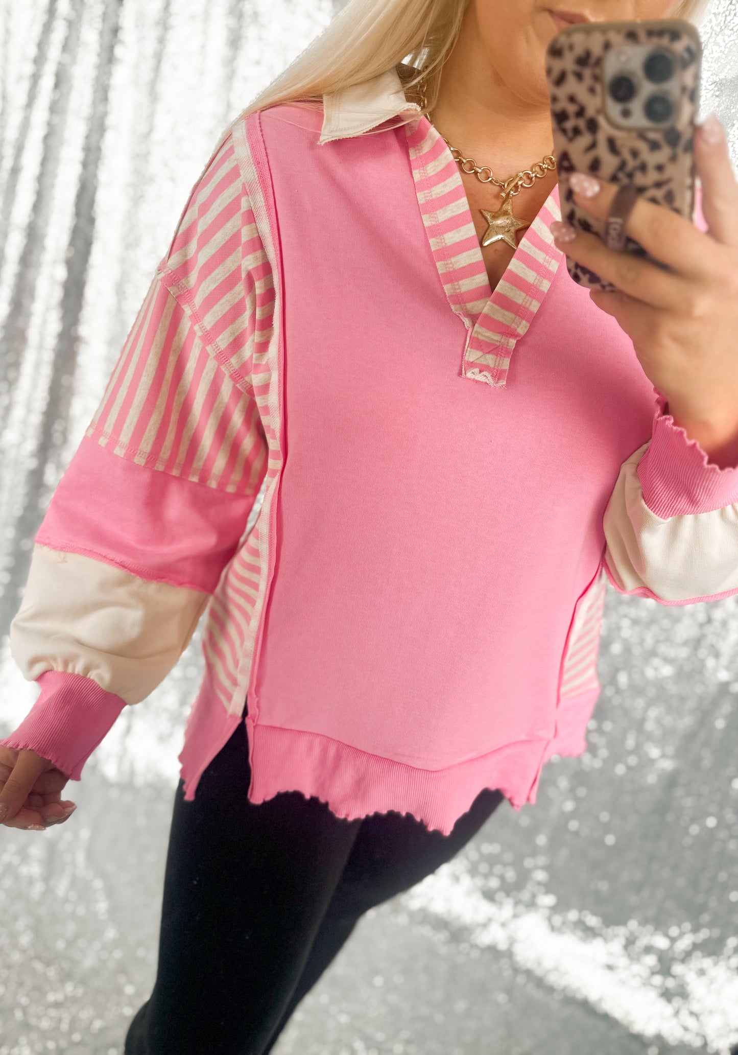 Oversized Pink Striped Colorblock Top