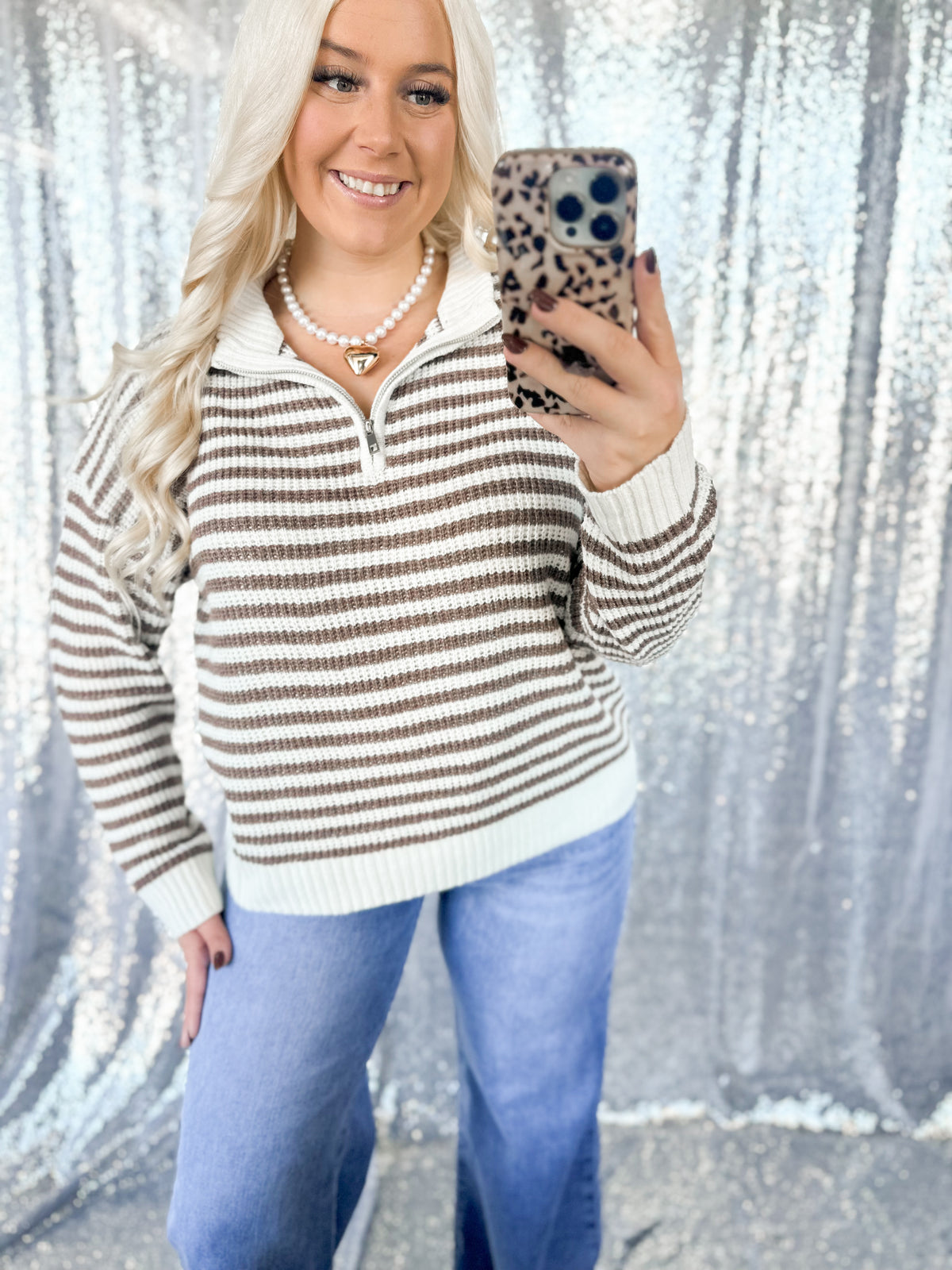 Brown Striped Knit 1/2 Zip
