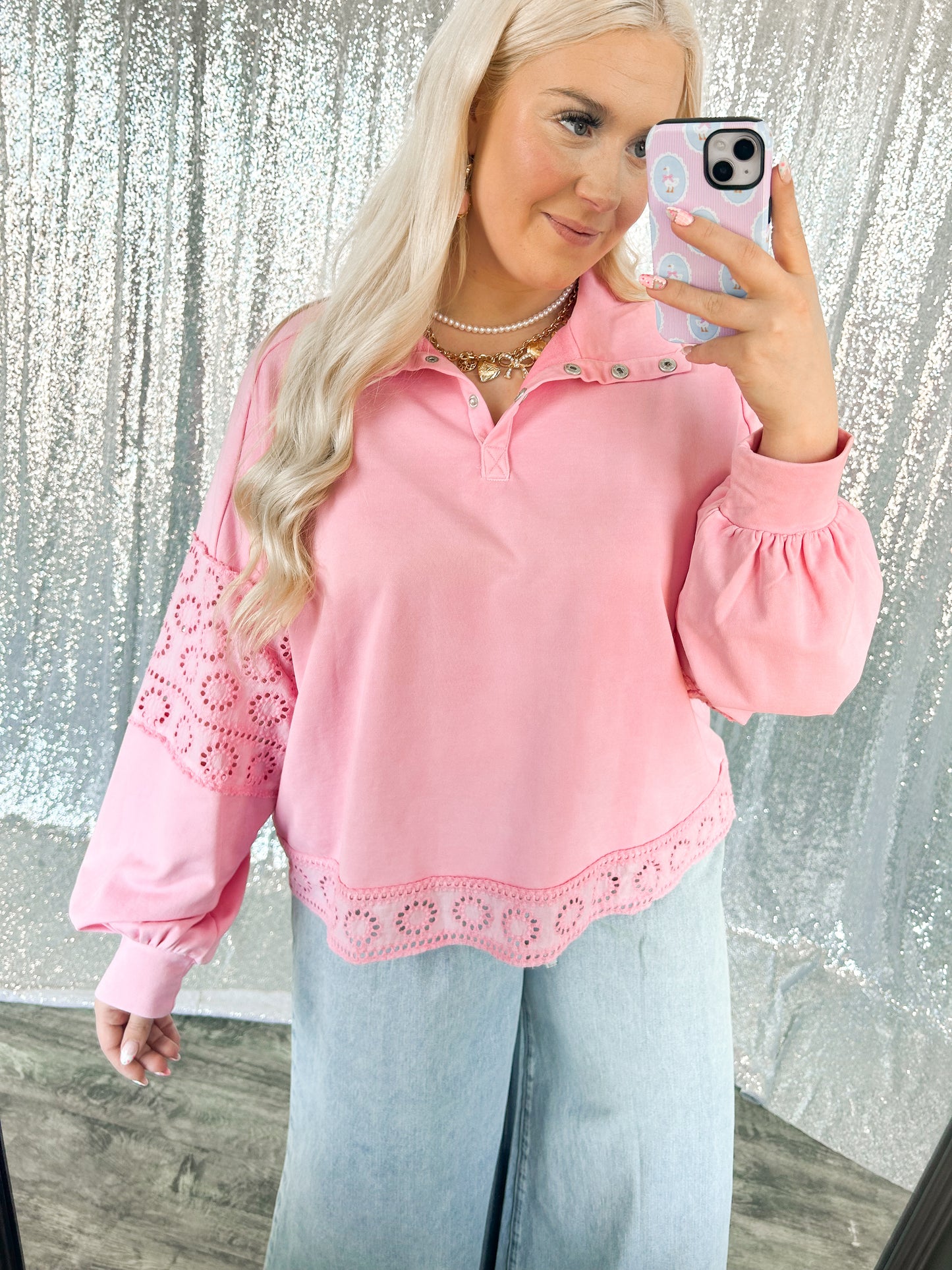 Pink Eyelet Lace Button Top