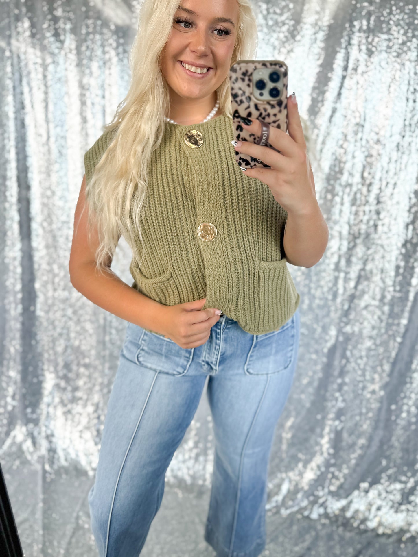 Olive Gold Button Knitted Vest Top