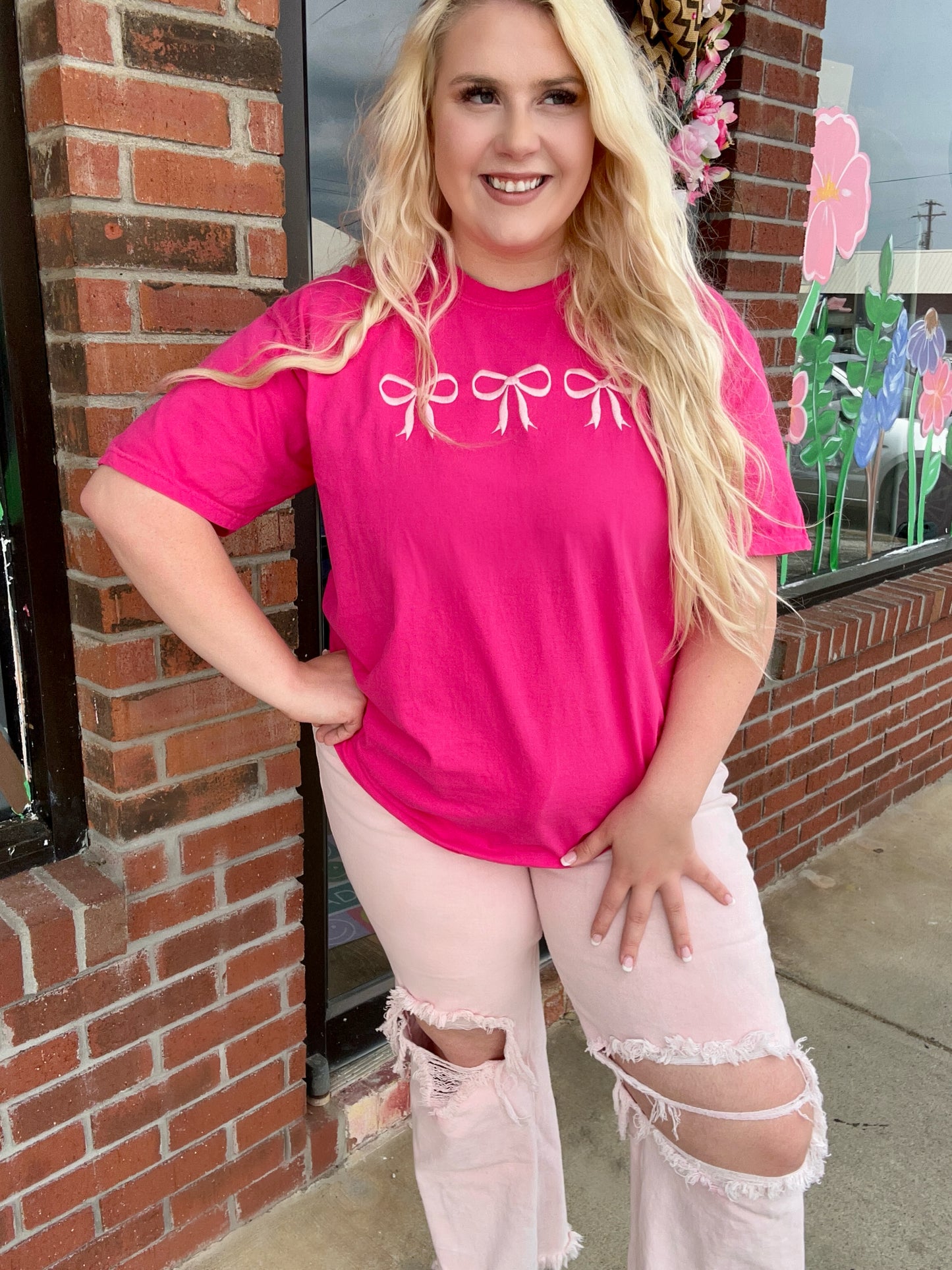 Pink Embroidered Bow Tee