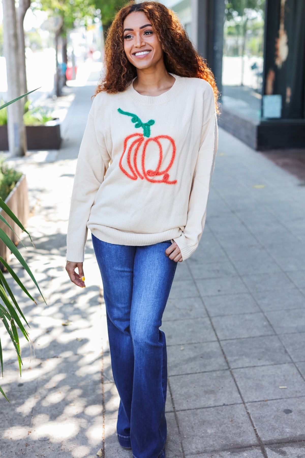 Pumpkin Spice Metallic Yarn Embroidered Oversized Sweater