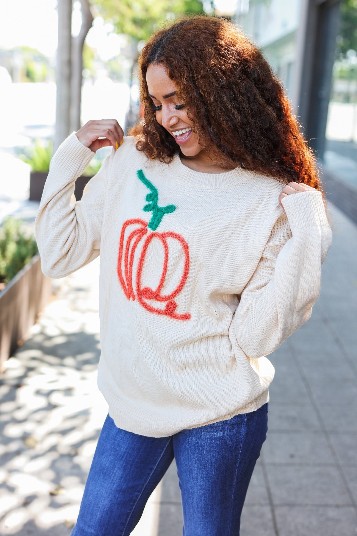 Pumpkin Spice Metallic Yarn Embroidered Oversized Sweater