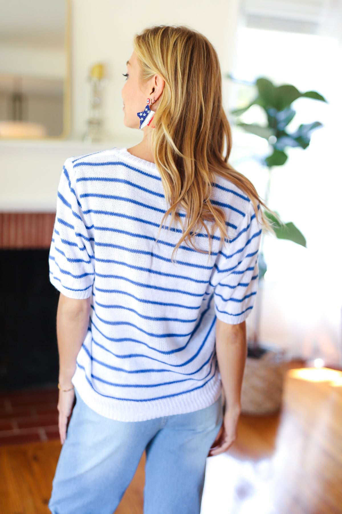 America Proud Blue Striped Embroidered Puff Sleeve Top