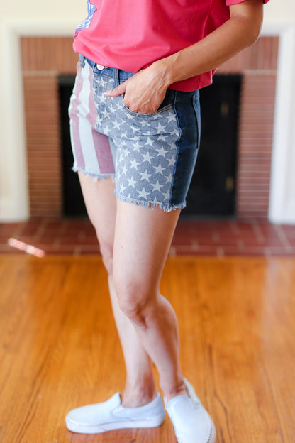 American Flag High Rise Frayed Hem Denim Shorts