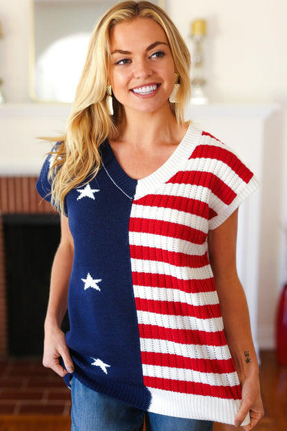 Stars & Stripes Americana V Neck Dolman Sweater Top