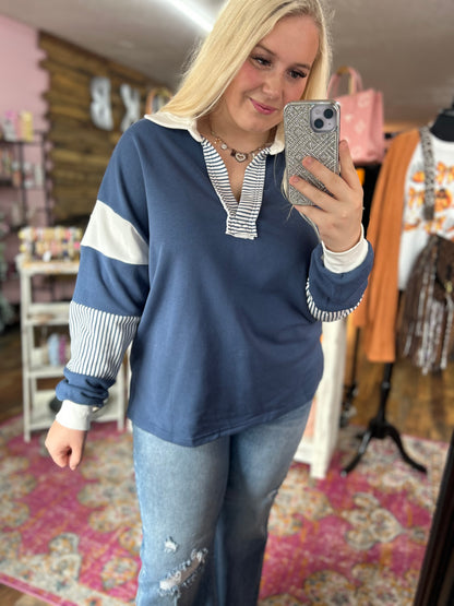 Blue Striped Colorblock Top