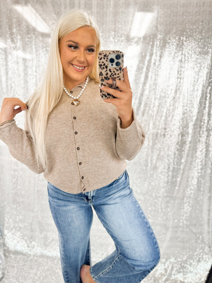 Taupe Raw Hem Button Cardigan
