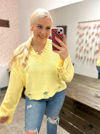 Lemon Drop Distressed Sweater