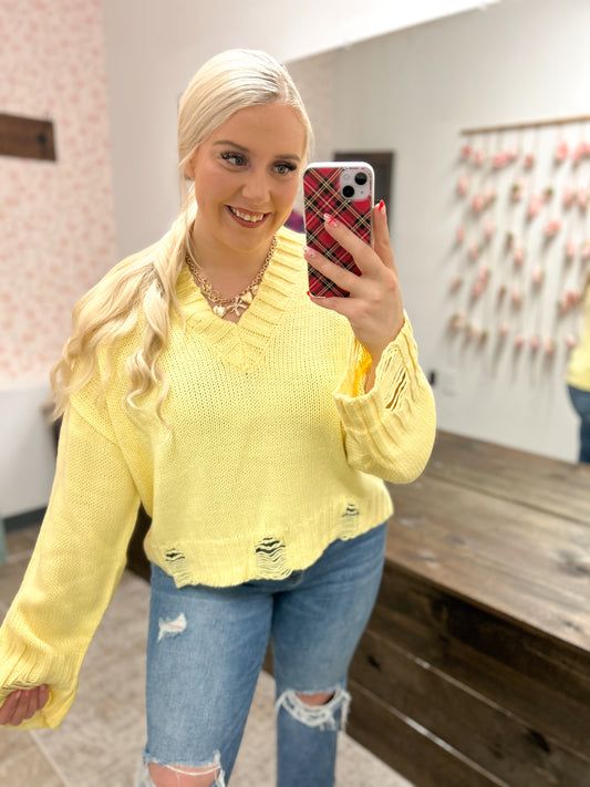 Lemon Drop Distressed Sweater