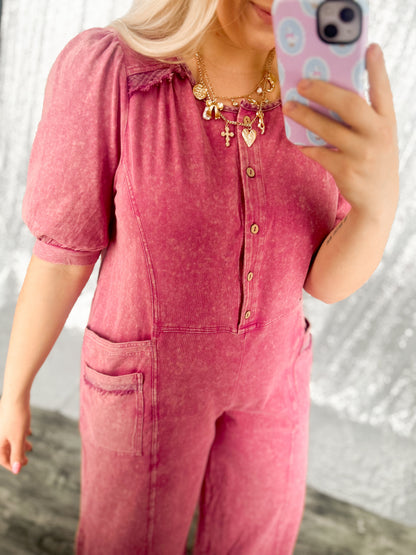 Rose Acid Wash Button Jumpsuit