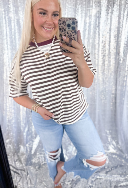 Brown & Burgundy Striped Colorblock Top