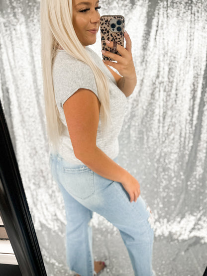 Heather Raw Hem Button Knit Top