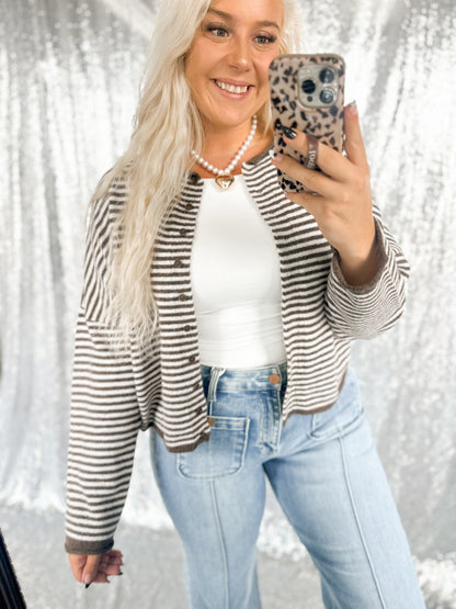 Brown Striped Raw Hem Button Cardigan
