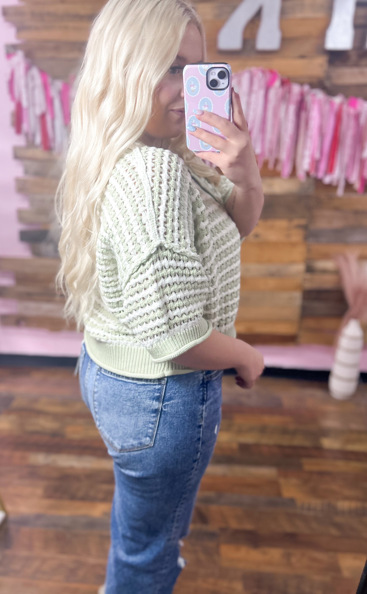 Sage Striped Knit Button Top