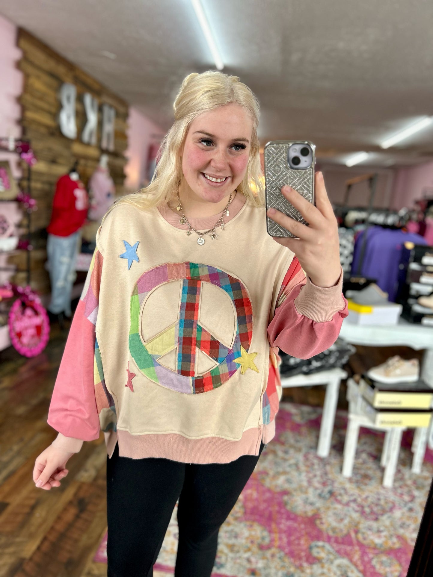 Multi Peace Patchwork Oversized Crewneck