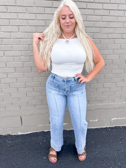 Vintage Button Pleated Light Wash Cropped Straight Denim