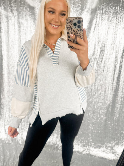 Oversized Heather & Blue Striped Colorblock Top