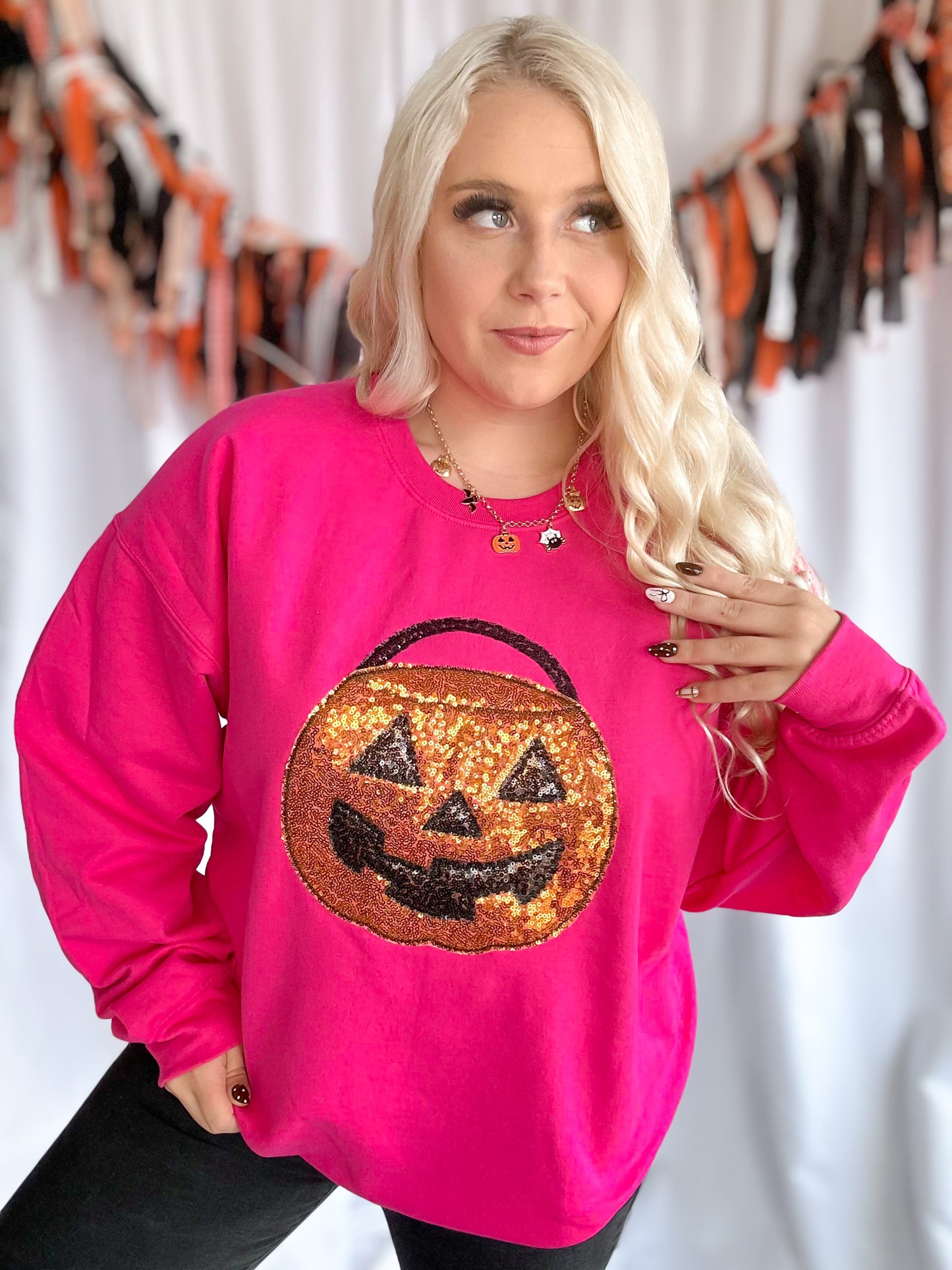Pink Jack-O-Lantern Embroidered Crewneck